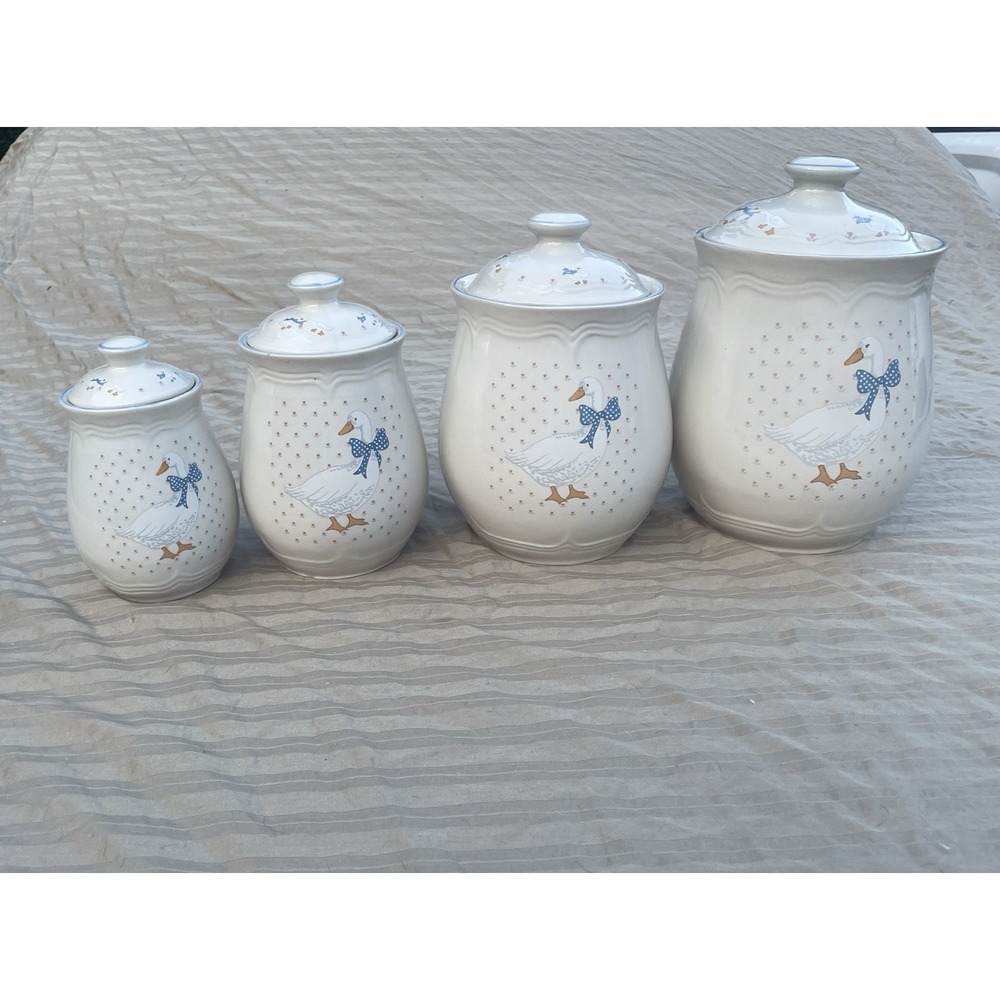 Vintage Ceramic Stoneware 4 Piece Canister Set  Aunt Rhody Blue Goose  Set Of 4